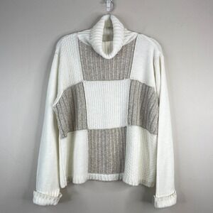 Vintage Patchwork Cottagecore Sweater Womens XLarge Turtleneck Cozy Neutral Chic